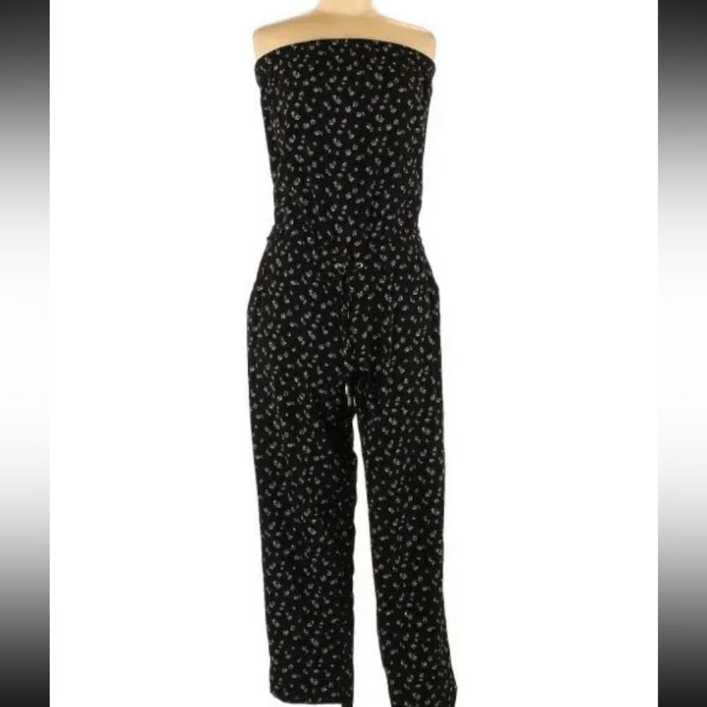 Black floral Express jumpsuit, strapless with pockets and cinched waist